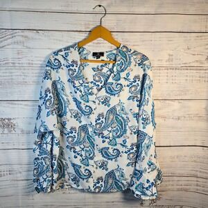 Curations 1X Blue Paisley Boho Bell Sleeve Blouse Plus Size Rayon Top